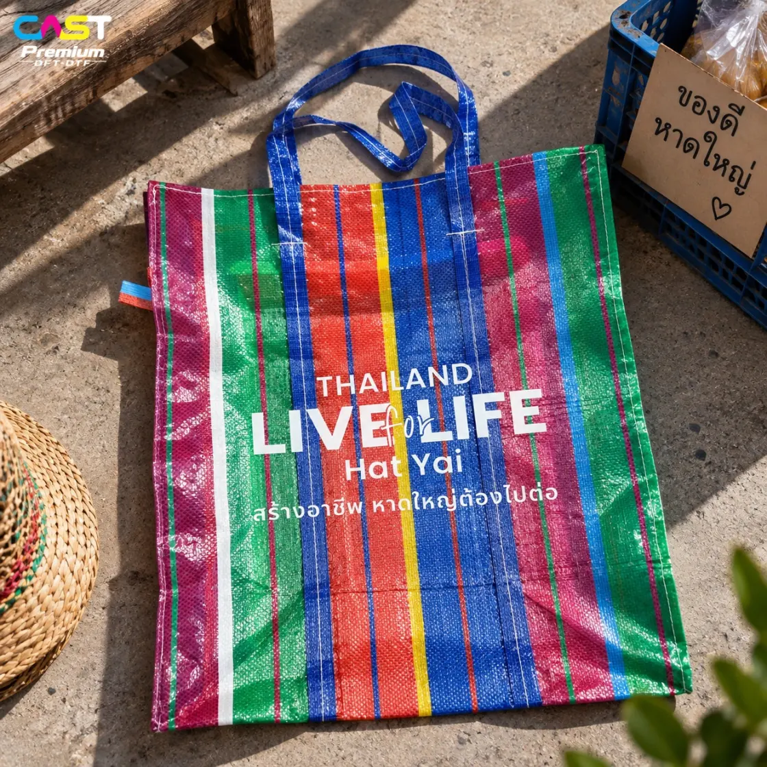 กระเป๋าสานลายทางสีสดสกรีนข้อความโครงการ Live for Life Hat Yai
