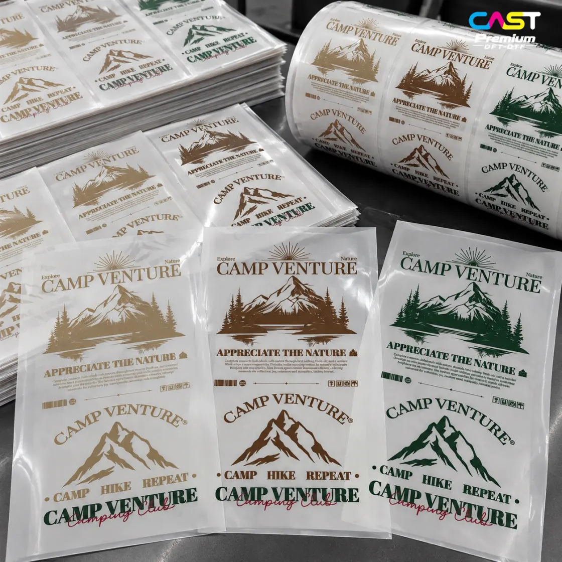 ฟิล์ม DTF ลายภูเขาแบรนด์ Camp Venture โทนน้ำตาลและเขียว