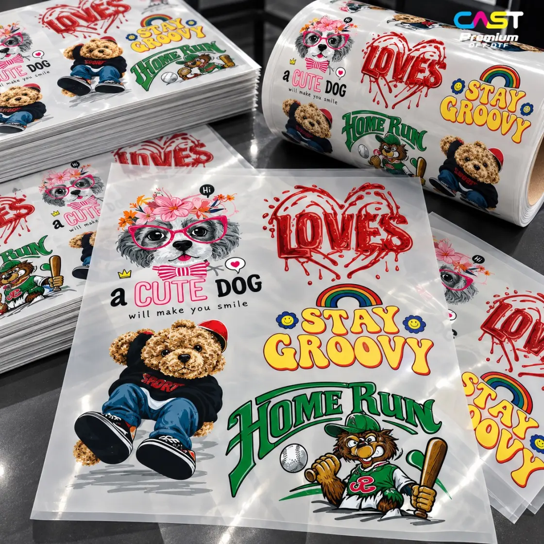 ฟิล์ม DTF ลายน้องหมา หัวใจ Loves และ Stay Groovy สีสันสดใส