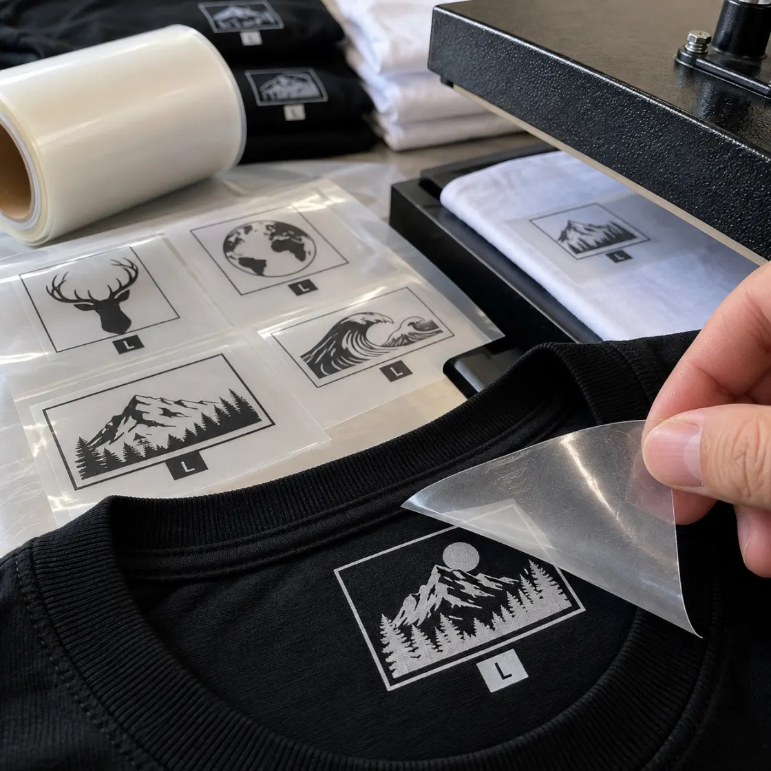 ป้าย Label ลายภูเขาและป้ายไซซ์ กำลังรีดติดคอเสื้อยืดสีดำ