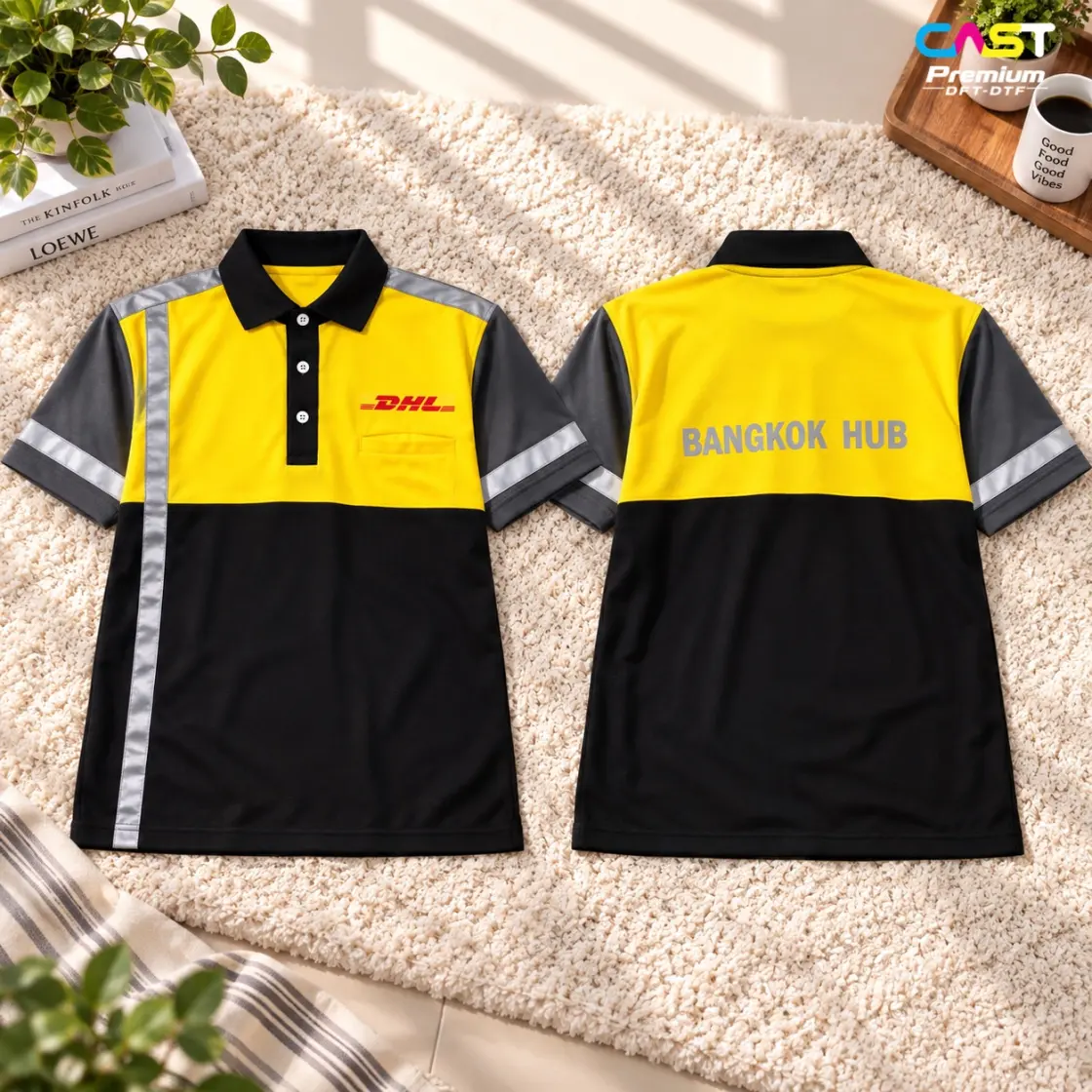 เสื้อโปโลยูนิฟอร์มสีเหลืองดำสกรีนโลโก้บริษัทขนส่งที่อกและหลัง