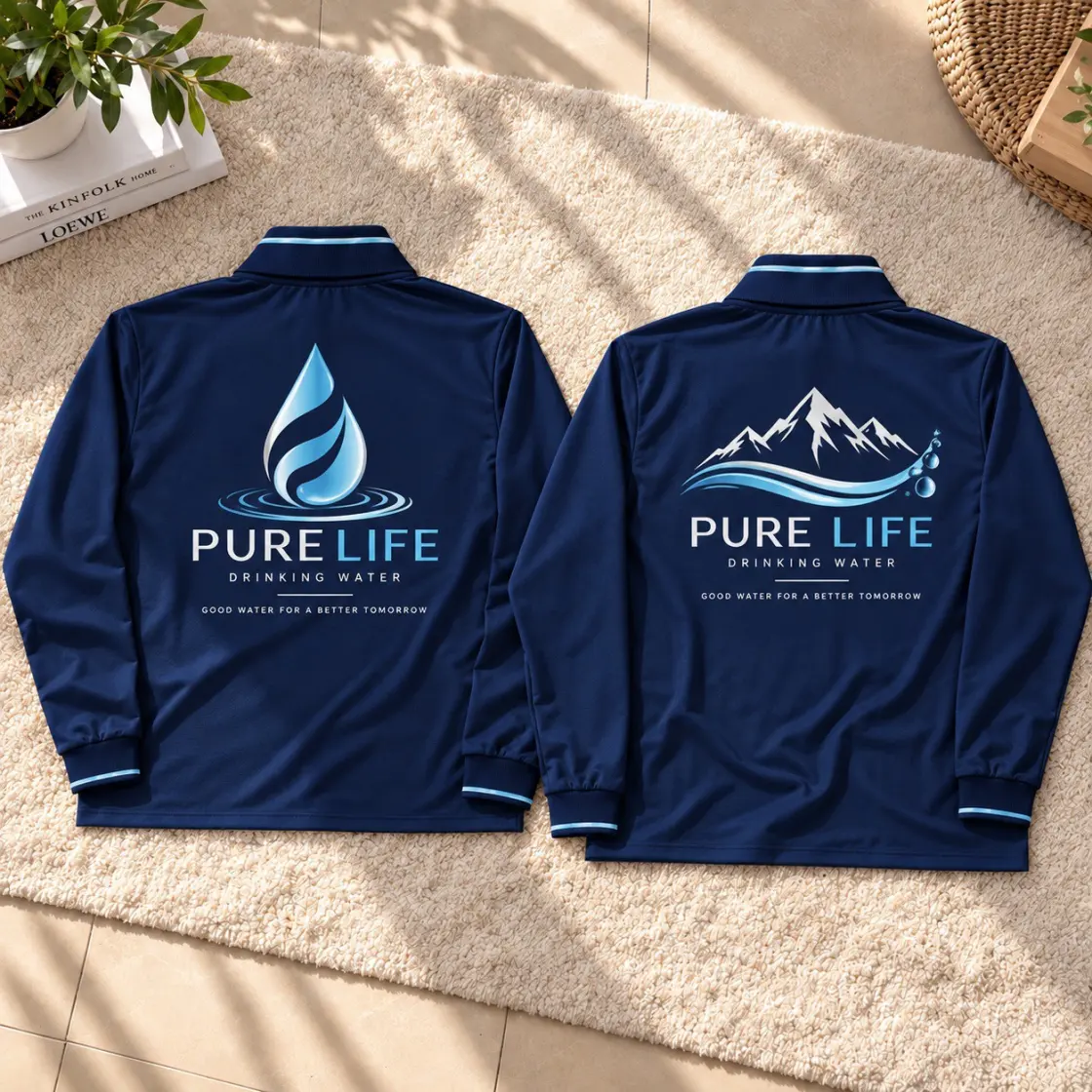 เสื้อโปโลแขนยาวสีกรมท่าสกรีนโลโก้ Pure Life Drinking Water สองแบบ