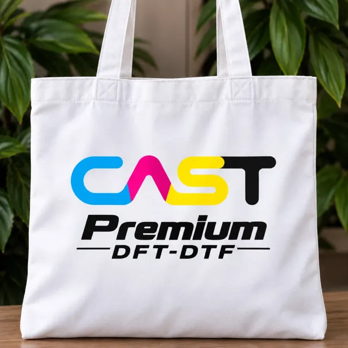 กระเป๋าผ้าสีขาวสกรีนโลโก้ CAST Premium ด้วยฟิล์ม DTF