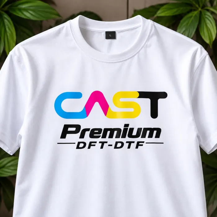 เสื้อยืดสีขาวสกรีนโลโก้ CAST Premium ด้วยฟิล์ม DTF
