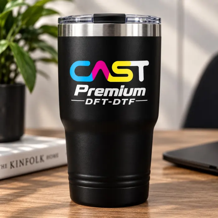 แก้วน้ำเก็บความเย็นสีดำสกรีนโลโก้ CAST Premium ด้วย UV DTF