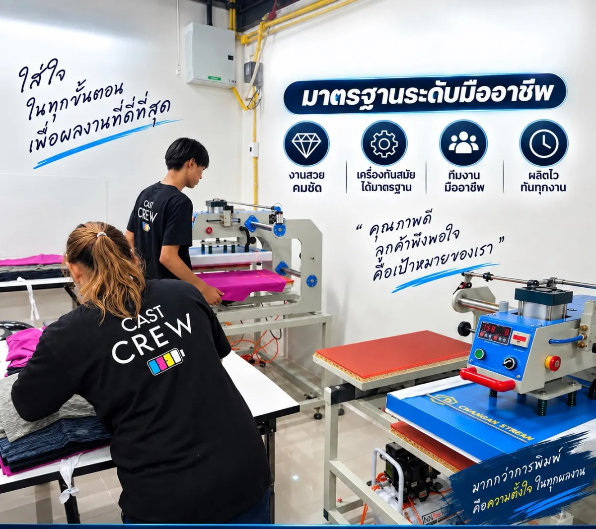ทีมงานกำลังรีดฟิล์ม DTF ลงเสื้อด้วยเครื่องรีดร้อนในโรงงาน