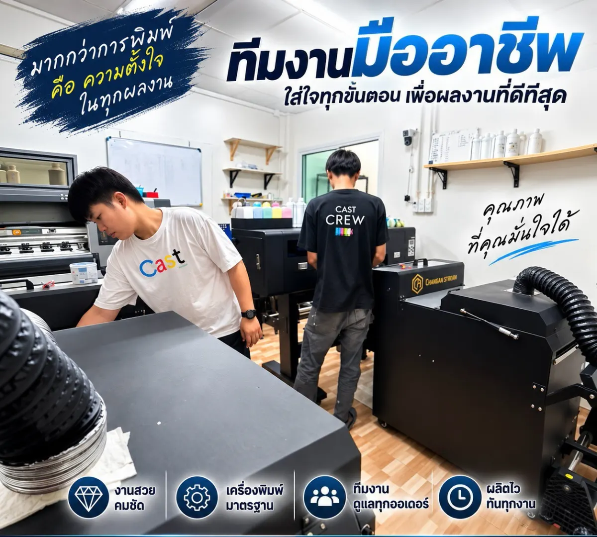 ทีมงานดูแลเครื่องพิมพ์และหมึกพิมพ์ DTF ภายในโรงงาน