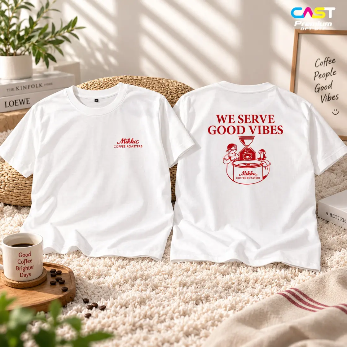 เสื้อยืดสีขาวสกรีนโลโก้ Mikka Coffee Roasters ด้านหน้าและลายด้านหลัง