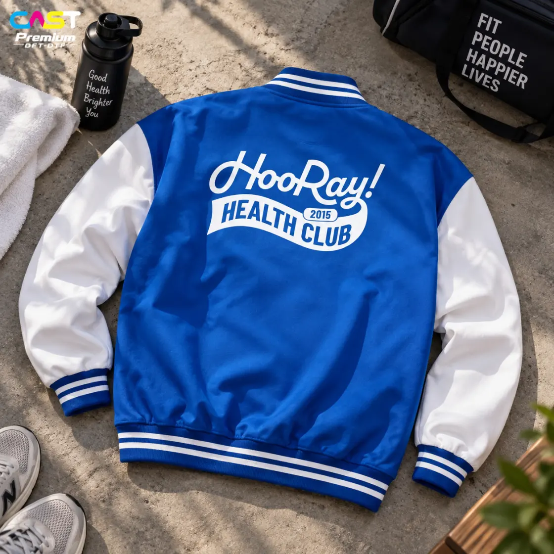 แจ็กเก็ตวาร์ซิตี้สีน้ำเงินขาวสกรีนโลโก้ HooRay Health Club ที่หลัง