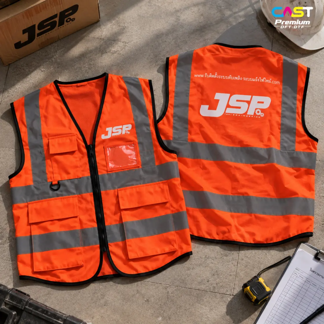 เสื้อกั๊กสะท้อนแสงสีส้มสกรีนโลโก้ JSP ที่อกและหลัง